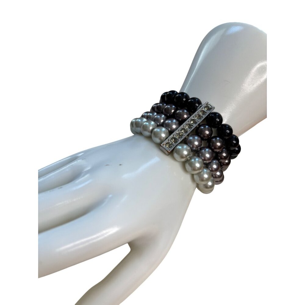 Elegant Multicolor Faux Pearl Stretch Bracelet Set With Rhinestone Accent Bars F